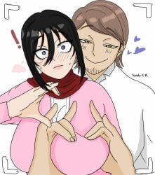 1boy 1girls 2023 asian asian_female attack_on_titan big_breasts black_hair blush breast_squeeze breasts brown_hair camera_view clothed clothed_female clothed_male duo female female_focus fully_clothed heart-shaped_boob_challenge huge_breasts interracial jean_kirstein light-skinned_female light-skinned_male light_skin looking_at_viewer male mikasa_ackerman scar scar_on_face scarf shocked_expression smile straight