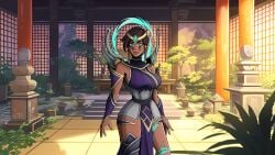 aqua_eyes aqua_hair armor bare_shoulders black_hair blue_eyes blue_hair breasts brown_hair cg closed_mouth cowboy_shot dark-skinned_female dark_skin detached_sleeves dress facial_mark female green_eyes indoors jewelry karma_(league_of_legends) large_breasts league_of_legends long_hair looking_at_viewer lust_in_runeterra makeup multicolored_hair nail_polish official_alternate_costume official_art outdoors parody pelvic_curtain plant scenery short_hair smile solo standing statue streaked_hair thighhighs tree two-tone_hair