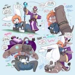 1:1 2025 2_horns 3_toes 4_fingers abbi_(kilinah) anal anal_sex anthro anthro_on_anthro anthro_penetrated anthro_penetrating anthro_penetrating_anthro balls blush bodily_fluids bovid bovine cattle closed_eyes clothed clothed_anthro clothed_female clothed_male clothing cum cum_in_ass cum_inside dialogue digital_media_(artwork) duo english_text eyebrows eyelashes face_fucking feet female female_anthro female_penetrated fingers genital_fluids genitals green_eyes hair heart_symbol hi_res horn irrumatio kilinah lagomorph leporid looking_at_genitalia looking_at_penis male male/female male_anthro male_penetrating male_penetrating_female mammal one_eye_closed onomatopoeia oral oral_penetration orange_hair penetration penile penile_penetration penis penis_in_ass penis_in_mouth profanity rabbit roy_(kilinah) sex simple_background sound_effects speech_bubble staff tail tail_tuft text toes tuft vulva