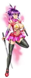 bikini bikini_top bikini_top_only black_thighhighs breasts cg cleavage dual_wielding female full_body garter_straps hair_ribbon hentai_heroes holding holding_weapon katana kinkoid kunohana_(hentai_heroes) large_breasts long_hair looking_at_viewer micro_bikini miniskirt navel ninja official_art parody pink_eyes ponytail purple_hair red_eyes revealing_clothes scarf shoes skirt solo standing swimsuit sword thighhighs torn_clothes transparent_background weapon zettai_ryouiki