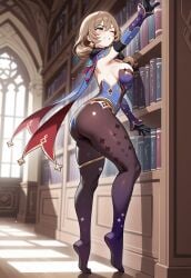 ai_generated ass bookshelf cosplay genshin_impact huge_ass huge_breasts library lisa_(genshin_impact) mona_(genshin_impact) mona_(genshin_impact)_(cosplay) steamy sweat thick_thighs tiptoes