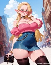 ai_generated bag balecxi blonde_hair bracelet choker cleavage day delicious_in_dungeon dungeon_meshi female green_eyes handbag heart heart-shaped_eyewear hoop_earrings jewelry large_breasts long_hair looking_at_viewer marcille_donato outdoors pointy_ears puffy_sleeves shirt skirt sky solo sunglasses thighhighs thighs