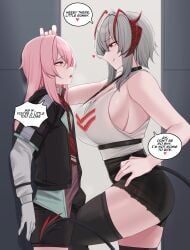 1boy :q absurdres against_wall animal_ears ansel_(arknights) antenna_hair arknights assertive_female bare_shoulders black_choker black_jacket black_shorts black_thighhighs blush breasts brown_eyes bulge choker cleavage closed_mouth demon_girl demon_horns demon_tail english_text eye_contact female from_side gloves grey_hair heart highres horns indoors jacket large_breasts long_hair long_sleeves looking_at_another multicolored_hair necktie official_alternate_costume open_clothes open_jacket open_mouth pink_hair rabbit_boy rabbit_ears red_hair red_necktie shirt short_hair_with_long_locks short_shorts shorts sideboob sidelocks smile straight tail taller_female tank_top thighhighs tongue tongue_out two-tone_hair w_(arknights) white_gloves white_shirt