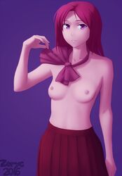 2016 bow collar collarbone long_skirt mad-zoryc pink_eyes purple_background purple_eyes red_collar red_hair red_skirt skirt small_breasts smile standing topless zoryc