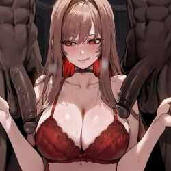 1girls 2boys ai_generated big_breasts blush breasts brown_hair cheating dark-skinned_male female female_focus goddess_of_victory:_nikke huge_breasts huge_cock large_breasts light-skinned_female lingerie long_hair looking_pleasured ntr rapi_(nikke) red_eyes red_lingerie smiling thick_thighs thighs