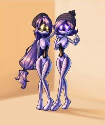 2girls ass beanie blue_dron blush blushing_female breasts curvaceous curvy curvy_female curvy_figure dronfanblue glitch_productions hat hips long_hair murder_drones nipples nude nude_female oc ponytail purple_eyes purple_hair pussy robot robot_girl robot_humanoid short_hair shy smiling thighs uzi_(murder_drones) yellow_eyes