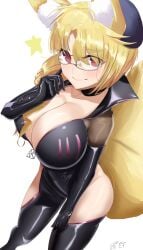 absurdres animal_ear_fluff animal_ears arcueid_brunestud black_bodysuit blonde_hair blush bodysuit breasts center_opening cleavage commentary commission drill_hair english_commentary eyewear_strap fate/grand_order fate/hollow_ataraxia fate_(series) fox_ears fox_girl fox_tail glasses grey-framed_eyewear highres hip_vent huge_breasts koyanskaya_(fate) looking_at_viewer lord_el-melloi_ii_case_files luviagelita_edelfelt melty_blood open_bodysuit open_clothes red_eyes self-upload shokobr simple_background star_(symbol) suplex tail tamamo_(fate) tsukihime tsukihime_(remake) turtleneck type-moon white-framed_eyewear white_background