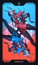 2girls bar_censor black_gloves blue_eyes blue_skin breasts censored collar colored_skin demon_girl demon_horns demon_tail futanari gloves highres horns large_breasts multiple_girls mutual_penetration navel nipple_piercing nipples one_eye_closed original piercing red_eyes red_skin short_hair spiked_chain strength_(tarot) symmetry tail tail_pull tailbox tarot thick_thighs thighhighs thighs