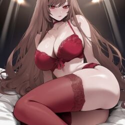 1girls ai_generated big_breasts breasts brown_hair female female_focus goddess_of_victory:_nikke huge_breasts large_breasts light-skinned_female lingerie long_hair rapi_(nikke) red_eyes red_lingerie thick_thighs thighs