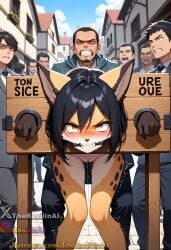 1girls ai_generated angry animal_ears black_hair bondage bound bound_arms bound_wrists cheetah cheetah_print clenched_teeth female forced free_use fur furry furry_female gag gagged monster_girl multiple_boys orange_eyes pillory public public_use pussy pussy_juice rape rasilinai sex shaking sharp_teeth short_hair stable_diffusion tagme town trembling