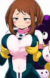 1boy 1girls ai_generated blush breast_grab breasts_grabbed_from_behind embarrassed minoru_mineta minoru_mineta_(hero_outfit) my_hero_academia ochako_uraraka ochako_uraraka_(hero_outfit) pervert shy