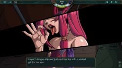 1boy 2girls animal_ears bare_shoulders breasts cg cleavage collarbone english_text eyeshadow fake_screenshot fellatio_gesture female gameplay_mechanics hand_up hat large_breasts league_of_legends lipstick long_hair lust_in_runeterra makeup multiple_girls nail_polish official_art open_mouth parody piercing pink_hair pink_nails red_hair red_nails shiny_skin solo teeth tongue tongue_out tongue_piercing upper_teeth_only xayah