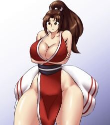 arms_crossed big_breasts boob_window breasts breasts_bigger_than_head breasts_bigger_than_torso brown_eyes brown_hair fatal_fury female huge_breast kailyn king_of_fighters kreativekailyn mai_shiranui simple_background snk thick_thighs