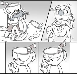 2boys animate_inanimate anus balls bed black_and_white bottomless brother brothers clothed clothing comic cup cuphead cuphead_(game) duo embarrassed gay gay_sex gloves half-closed_eyes humanoid humanoid_on_humanoid humanoid_penis imminent_sex incest kneeling legwear looking_away lying lying_on_back male mugman object_head on_back on_bed open_pants penis saliva shorts shorts_open sibling small_penis socks speech_bubble spitting spitting_into_hand toxic-boner undressing video_games yaoi