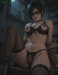 , ada_wong ai_assisted black_bra black_choker black_footwear black_hair black_panties black_thighhighs bra breasts choker crotchless crotchless_panties cupless_bra female freckles high_heels lingerie lips looking_at_viewer medium_breasts mole mole_on_breast mole_on_stomach mole_on_thigh moon navel night nipple_piercing nipples off_shoulder open_clothes panties pussy resident_evil resident_evil_2 short_hair sitting smile solo sunglasses sweat thighhighs thighs uncensored underwear waifudiffuser