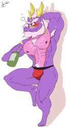 absurd_res accipitrid accipitriform anthro armpit_hair avian bearded_vulture bird body_hair bottle chest_hair clothing container drunk hi_res jockstrap male muscular muscular_anthro muscular_male nmcrimen old_world_vulture pubes purple_body shou_ronpo solo substance_intoxication underwear vulture