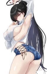 absurdres alternate_costume alternate_hairstyle arm_up armpit_cutout armpits ass black_hair blue_archive blue_shorts blush breasts closed_mouth clothing_cutout covered_erect_nipples cowboy_shot cross-laced_clothes cross-laced_shorts denim denim_shorts female hair_ornament hairpin highres large_breasts long_hair long_sleeves millennium_science_school_student noa_(skae3323) ponytail red_eyes rio_(blue_archive) seminar_(blue_archive) shirt shorts sideboob simple_background solo thighs very_long_hair white_background white_shirt