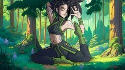 abs akali arm_behind_head arm_tattoo arm_up armpits bare_shoulders black_hair black_pants breasts cg closed_eyes closed_mouth crop_top day detached_sleeves female fishnets forest full_body grass green_pants hand_up headband hip_vent jewelry league_of_legends long_hair lust_in_runeterra makeup medium_breasts midriff nail_polish nature navel official_art outdoors pants parody ponytail shoulder_tattoo sitting smile socks solo stomach stretching tattoo toned tree