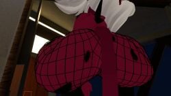1girls big_ass big_breasts big_butt breasts butt_focus female_only fishnets humanoid_female imp laying_down nipples solo_female vrchat vrchat_avatar vrchat_model white_hair