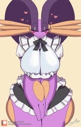 2024 arms_under_breasts big_breasts breasts cleavage closed_eyes elsie_(lyorenth-the-dragon) female female_only heart hearts_around_head huge_breasts lyorenth-the-dragon maid maid_outfit maid_uniform nintendo original original_character pokemon pokemon_(species) purple_body purple_skin swampert thick_thighs thighs white_body white_skin wide_hips yellow_background