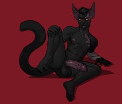adrian_(notadrian) amber_eyes animal_genitalia animal_penis anthro balls bedroom_eyes black_body black_fur cybernetic_arm cybernetic_limb cybernetics domestic_cat felid feline feline_genitalia feline_penis felis fur genitals glistening glistening_body glistening_genitalia hi_res machine male mammal muscular muscular_male narrowed_eyes notadrian nude penile_spines penis presenting_genitals scar seductive simple_background solo tongue tongue_out twunk