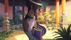 1boy architecture bare_shoulders black_hair braid breasts cg chinese_clothes circlet closed_eyes closed_mouth dark-skinned_female dark_skin detached_sleeves earrings female from_side gloves holding indoors jewelry large_breasts league_of_legends long_hair long_sleeves lust_in_runeterra male_focus official_art parody plant scenery short_hair solo solo_focus sweat tree upper_body window