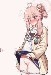 1boy ahoge bar_censor blue_archive blush censored closed_mouth clothes_lift commentary cum cum_in_clothes cum_in_panties cum_on_body cum_on_clothes cum_on_legs female flying_sweatdrops hair_bun halo highres jacket long_hair long_sleeves mamerakkkkko natsu_(band)_(blue_archive) natsu_(blue_archive) nose_blush official_alternate_costume open_clothes open_jacket panties panty_pull penis pink_hair pink_halo pink_panties pleated_skirt pointless_censoring red_eyes shirt sidelocks simple_background single_hair_bun skirt skirt_lift solo_focus sweatdrop underwear white_background white_shirt yellow_jacket
