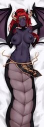 body_pillow breasts dakimakura dakimakura_design dark_skin earrings echidna eydis_nidhoggr_(monster_girl_island) horns lamia looking_at_viewer lying lying_on_back monster_girl monster_girl_island purple_skin red_hair snake_girl terupancake tiara topless wings