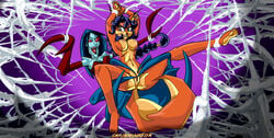 2girls angry anus big_breasts bound_wrists breasts carmelita_fox chairminator cleavage ear_piercing female_only fingering fox legs_held_open multiple_girls navel nipples nude restrained sly_cooper_(series) smooth_fur spider spider_humanoid spider_web spread_legs the_contessa tied_hands vixen vulpine vulva webbed_hands yuri