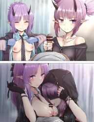 2girls arknights female handjob hibiscus_(arknights) hibiscus_the_purifier_(arknights) horns lava_(arknights) lava_the_purgatory_(arknights) reber titjob