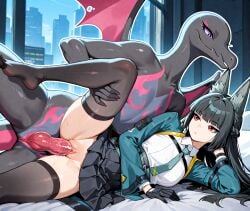 ai_generated animal_ears anthro anthro_penetrating black_gloves black_skirt dark_hair emotionless female grabbing_legs hoshimi_miyabi human laboratory leg_up lizard lying_on_side male male/female on_side penis pokemon pokemon_(species) rubeon salazzle sex shirt skirt_lift spoon_position thighhighs tie vaginal_penetration wet_pussy wings zenless_zone_zero