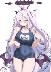 aged_up arona's_sensei_doodle_(blue_archive) big_breasts blue_archive blush cliov demon_girl gehenna_academy_student halo highres hina_(blue_archive) hina_(swimsuit)_(blue_archive) huge_breasts long_hair prefect_team_(blue_archive) purple_eyes school_swimsuit sensei_(blue_archive) swimsuit very_long_hair video_game_character wide_hips wings