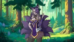ahrahri_(league_of_legends) ahri animal_ear_fluff animal_ears breasts cg cleavage cowboy_shot detached_sleeves dress facial_mark female forest fox_ears fox_girl fox_tail grass hair_over_one_eye hand_on_own_hip jewelry kitsune large_breasts league_of_legends long_hair looking_at_viewer lust_in_runeterra multicolored_hair multiple_tails nature necklace official_art open_mouth outdoors pantyhose parody purple_hair purple_lips scenery smile solo tail tree yellow_eyes