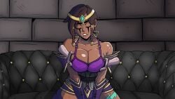 armor bare_shoulders bra braid breasts brown_hair cg circlet cleavage closed_eyes collarbone couch dark-skinned_female dark_skin earrings female jewelry karma_(league_of_legends) large_breasts league_of_legends long_hair lust_in_runeterra muscular muscular_female official_art parody pelvic_curtain shiny_skin short_hair sitting smile solo sweat underwear
