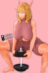 3d 3d_(artwork) blender blender_(software) blonde_hair blood_elf dumbbell female glasses green_eyes lethrisa light-skinned_female muscular squatting tagme working_out workout workout_clothes world_of_warcraft