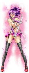 black_thighhighs blush breasts cg covering_crotch dual_wielding female full_body garter_straps gloves hair_ribbon hentai_heroes high_heels holding holding_sword holding_weapon katana kinkoid kunohana_(hentai_heroes) large_breasts long_hair looking_at_viewer navel nipple_slip nipples official_art panties parody ponytail purple_eyes purple_hair red_eyes revealing_clothes sandals shoes skirt smile solo standing sword thighhighs topless transparent_background underwear weapon