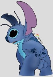 4_fingers alien antennae_(anatomy) anus ass balls black_eyes blue_body blue_fur blue_nose claws digital_drawing_(artwork) digital_media_(artwork) disney experiment_(lilo_and_stitch) fingers fur genitals head_tuft hi_res lilo_and_stitch looking_at_viewer looking_back male multicolored_body multicolored_fur notched_ear open_mouth presenting presenting_hindquarters signature simple_background solo stitch_(lilo_and_stitch) tail teeth tuft two_tone_body two_tone_fur wyrmling_(artist)