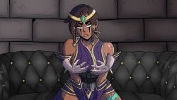 1boy bare_shoulders black_hair blue_eyes braid breasts brown_hair cg circlet couch dark-skinned_female dark_skin disembodied_limb earrings female grabbing grabbing_another's_breast grabbing_from_behind groping jewelry karma_(league_of_legends) large_breasts league_of_legends looking_at_viewer lust_in_runeterra makeup muscular nail_polish official_art parody short_hair sitting smile solo solo_focus straight sweat