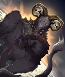 anthro anus balls bovid caprine demon elden_ring elden_ring_nightreign fromsoftware fur genitals goat hi_res horizontal_pupils horn ibuki_shione libra_creature_of_night looking_at_viewer male mammal multi_eye penis pupils solo tongue