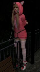 3d ankle_cuffs arms_behind_back ball_gag bench blonde_hair bondage bound bound_ankles bound_arms bound_neck bound_torso cat_ears chain collar dead_or_alive domcgo female femsub forced forced_orgasm gag gagged handcuffs helpless marie_rose outdoors pajamas pink_ball_gag public sneakers solo striped_thighhighs thighhighs twintails upturned_eyes vibrator