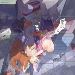 1boy absurdres animal_ears bigpeachs blue_hair breasts censored commentary completely_nude elbow_gloves english_commentary female fingerless_gloves flexible flexible_female fox_ears fox_girl full_body gloves glowing glowing_eyes highres huge_breasts hyuuga_hinata long_hair mosaic_censoring naruto_(series) nipples nude original pink_eyes pink_gloves public_indecency puri_(wettypeach) revealing_clothes sex solo_focus split splits standing standing_on_one_leg standing_sex standing_split straight vertical_splits
