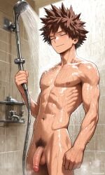 1boy bathing bathroom boku_no_hero_academia boy brown_eyes brown_hair flaccid flaccid_penis fubukid(oc) my_hero_academia oc original_character penis ribs short_hair shower shower_room showering spiked_hair steam thin water white_penis yukio0o