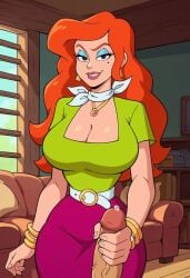 ai_generated bedroom_eyes big_breasts christmas cleavage clothed cousin_mel curvy_figure grandma_got_run_over_by_a_reindeer hand_on_penis handjob looking_at_viewer orange_hair penis seductive shirt skirt solo