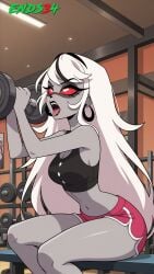 ai_generated carmilla_carmine dolphin_shorts ends34 feet female female_only gym_uniform hazbin_hotel long_hair milf mother shorts sitting sport sports_bra sports_shorts sports_uniform sportswear white_hair