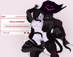 1boy 1nonbinary 27_mayhem :d azure_(forsaken) black_hair blush duo forsaken_(roblox) hat headwear holding_up holding_up_other_character naked nude purple_eyes roblox smile smiling standing tentacle two_time two_time_(forsaken) vaginal_penetration vaginal_sex witch_hat zipper_mouth