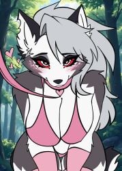1girls anthro big_breasts blush breasts collar collar_and_leash ear female furry grey_body grey_fur grey_hair heart-shaped_pupils hellhound helluva_boss james_andromeda leash long_hair looking_at_viewer loona_(helluva_boss) pov smile tail two_tone_body two_tone_fur two_tone_tail white_body white_fur