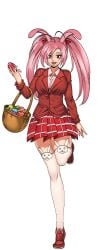 animal_ears basket blazer breasts bunny_(hentai_heroes) cg curvy easter_bunny_(hentai_heroes) egg female food full_body green_background hair_ribbon hentai_heroes jacket kinkoid large_breasts long_hair official_art open_mouth parody pink_hair plaid_skirt rabbit_ears red_eyes school_uniform shoes simple_background skirt smile solo thick_thighs thighhighs thighs twintails white_thighhighs wide_hips