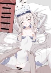 1boy absurdres bar_censor blue_archive breasts ccczr censored closed_eyes commentary_request female halo highres himari_(armed)_(blue_archive) himari_(blue_archive) large_variant_set long_hair lying nipples on_back paid_reward_available penis pointy_ears pov sex small_breasts straight torn_clothes vaginal_penetration variant_set