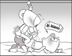 ! anal anal_sex animate_inanimate anvil_position bed blush bottomless brother brothers closed_eyes clothed clothed_sex clothing comic cum cum_while_penetrated cumshot cup cuphead cuphead_(game) duo ejaculation glans gloves handjob heart humanoid humanoid_on_humanoid humanoid_penis incest kneeling leg_grab legs_up looking_down lying male male_penetrating moan mugman object_head on_back on_bed orgasm orgasm_face penetration penis penis_grab sex shaking shocked shorts sibling side_view speech_bubble toxic-boner trembling video_games yaoi