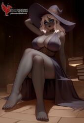 1girls 2d ai_generated ass barefeet big_ass black_body black_lips black_skin breasts dark-skinned_female dress elden_ring_nightreign erophoenix fantasy feet female female_focus full_body huge_breasts long_hair looking_at_viewer patreon_username recluse_(nightreign) solo solo_female sweat thick thick_thighs toes uncensored white_hair witch_hat